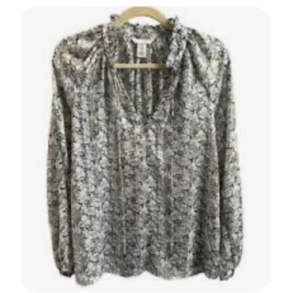 H&M Floral Blouse Long Sleeve Ruffle‎ Neckline Sheer Top Medium